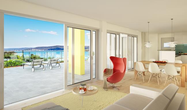 An artist’s impression of the living area and balcony.