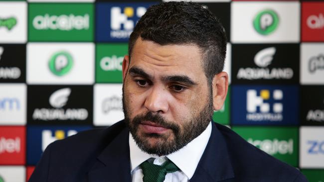 Greg Inglis announces his retirement during a media conference at Redfern Oval. Picture: Brett Costello