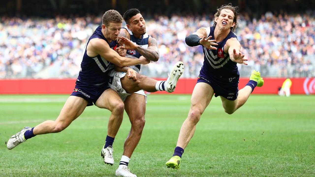 Nat Fyfe and Sam Switkowski will be hoping Tim Kelly will be on the same Fremantle side next year.