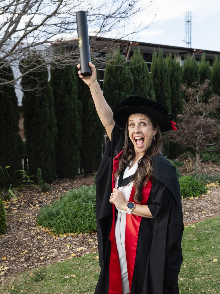 Doctor of Philosophy graduate Stephanie Frade at a UniSQ graduation ceremony at Empire Theatres, Wednesday, June 28, 2023. Picture: Kevin Farmer