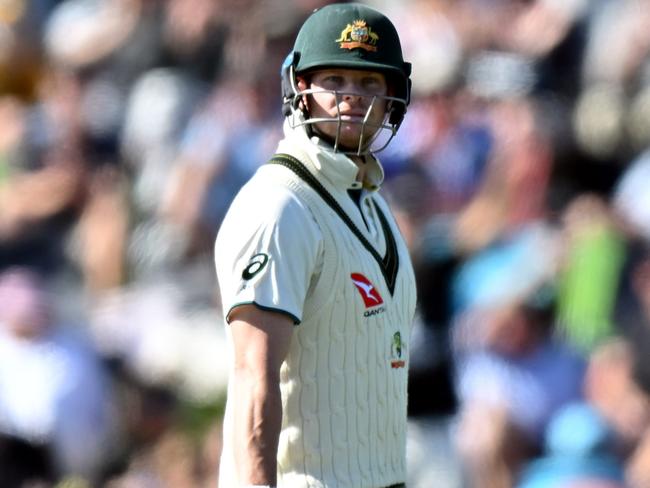 CHRISTCHURCH, NEW ZEALAND - MARCH 8: Steve Smith of Australia looks dejected after being dismissed by Ben Sears of New Zealand during day one of the Second Test in the series between New Zealand and Australia at Hagley Oval on March 8, 2024 in Christchurch, New Zealand. (Photo by Kai Schwoerer/Getty Images)