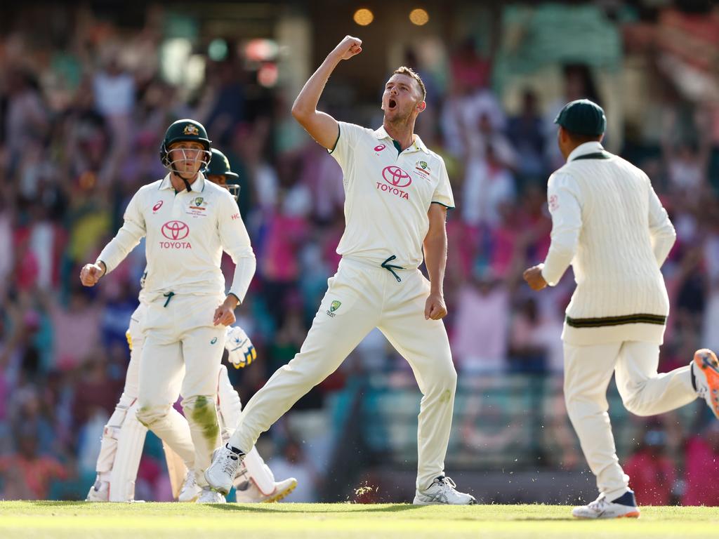 Josh Hazlewood has made a massive breakthrough before stumps, taking three wickets in a single over.