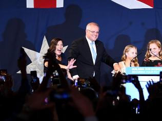 Australian Prime Minister Scott Morrison with wife Jenny (left) children Abbey (second right) and Lily (right) after winning the 2019 Federal Election,  at the Federal Liberal Reception at the Sofitel-Wentworth hotel in Sydney, Saturday, 18 May, 2019. Approximately 16.5 million Australians have today voted in what is tipped to be a tight election contest between Australian Prime Minister Scott Morrison and Australian Opposition leader Bill Shorten. (AAP Image/Dean Lewins) NO ARCHIVING