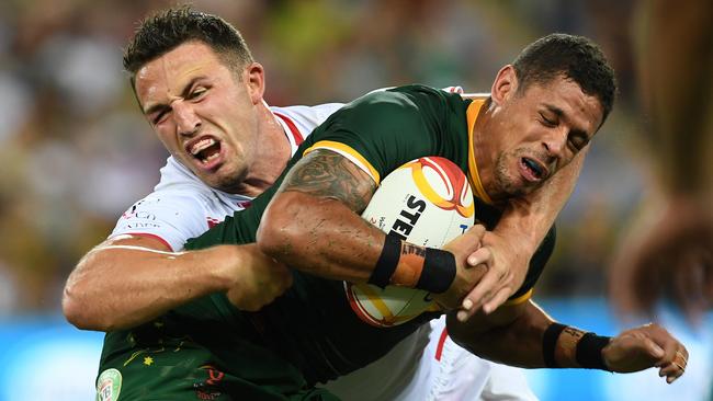 Sam Burgess tackles Dane Gagai in a Test between England and Australia. Picture: AAP