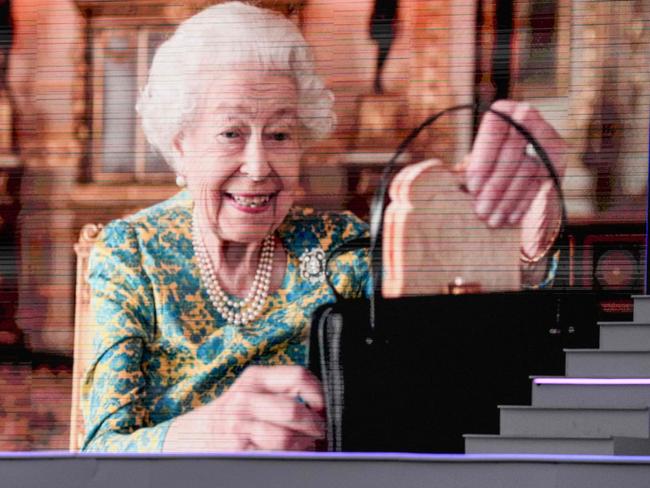 Britain's Queen Elizabeth II is seen on screen at the start of the Platinum Party at Buckingham Palace. Picture: AFP