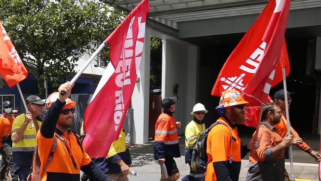 CFMEU members march calling on the $6 billion superannuation fund for construction workers to be protected. Picture: Brendan Radke