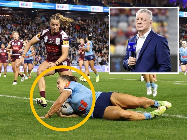 Phil Gould's claim on Isabelle Kelly's no try has gone viral. Photos: Getty Images/Supplied