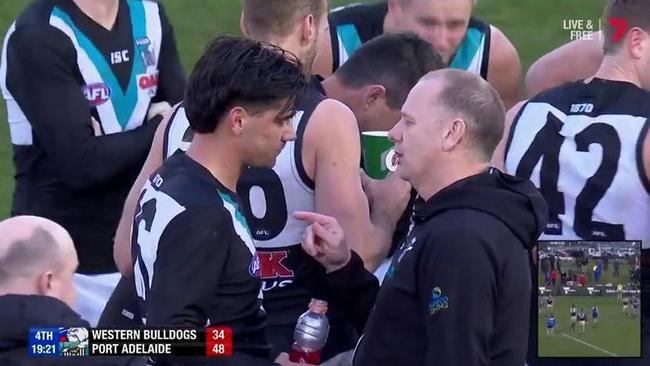 Port Adelaide coach Ken Hinkley has a chat with defender Riley Bonner in Ballarat. Picture: Channel 7