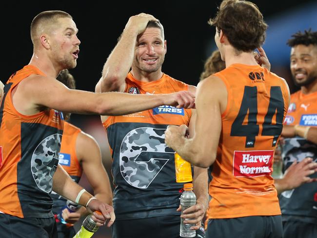 The Giants celebrate after their 54-point win over the Lions in April. Picture: Mark Metcalfe/AFL Photos/via Getty Images