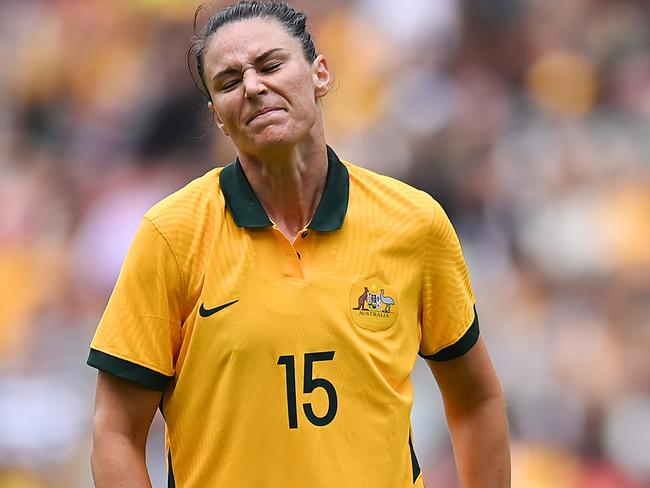 BRISBANE, AUSTRALIA - SEPTEMBER 03: Emily Gielnik of Australia reacts after a failed attempt on goal during the International Women's Friendly match between the Australia Matildas and Canada at Suncorp Stadium on September 03, 2022 in Brisbane, Australia. (Photo by Albert Perez/Getty Images)