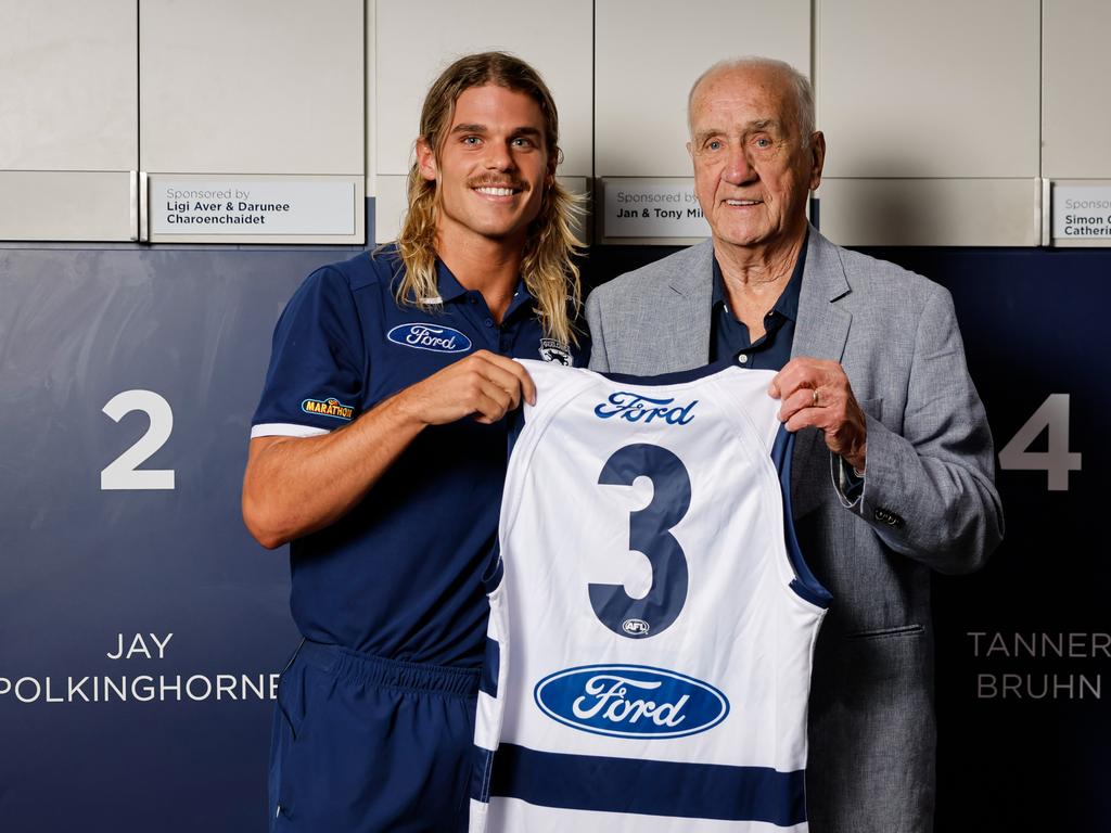 Bailey Smith with Fred Wooller at GMHBA Stadium on Friday. Picture: Dylan Burns/AFL Photos