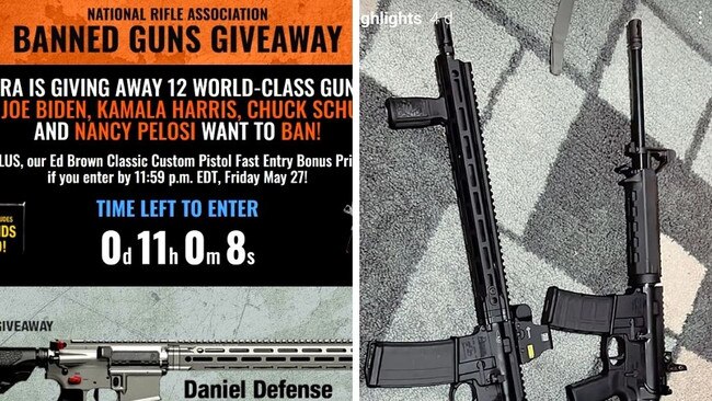 The NRA’s ‘banned guns giveaway’ featured the gun brand and model used by the Uvalde, Texas school shooter. Picture: Supplied.