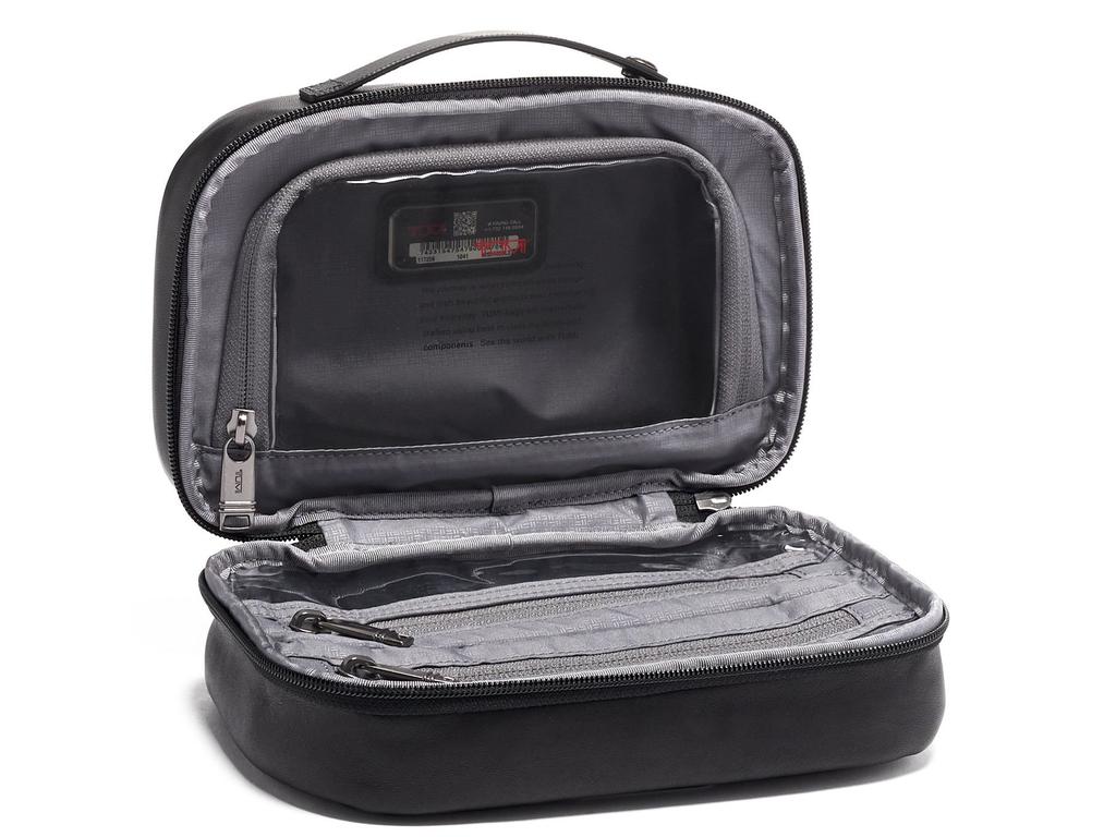 <p><b>TUMI&rsquo;S SPLIT TRAVEL KIT, ALPHA 3 &mdash; $330</b> Whether you travel for business or pleasure, <a href="https://www.tumi.com.au/split-travel-kit/p/14560525" target="_blank" rel="noopener">this leather number from Tumi </a>is as functional as it is luxurious. It has three internal zip pockets with see-through windows so your essentials will always remain visible, plus its embossed carry handle unsnaps so it can be easily attached to a towel rail.</p>
