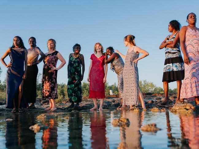 Arnhem Land rock act Ripple Effect Band, whose debut album 'Mayawa' was released in 2024. L-R: Tara Rostron, Stephanie Maxwell James, Jodie Kell, Rachel Djíbbama Thomas, Annastasia Lucas, Patricia Gibson, Harriet Fraser-Barbour, Jolene Lawrence, Rona Lawrence. Picture: Silly Goose Inc.