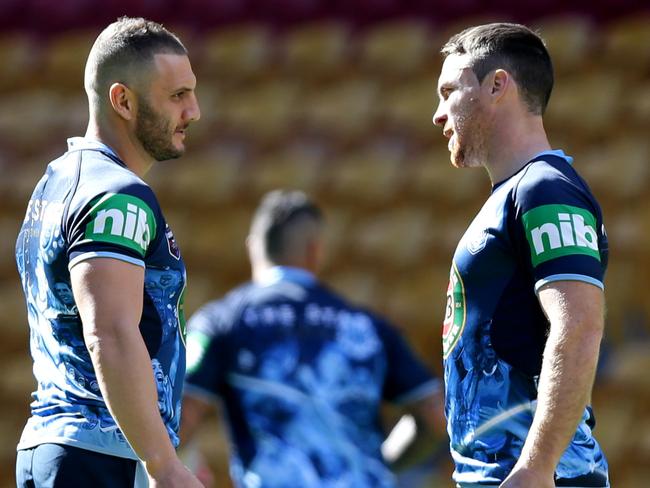 Robbie Farah and James Maloney during the Captain’s Run at Suncorp. Picture: Gregg Porteous