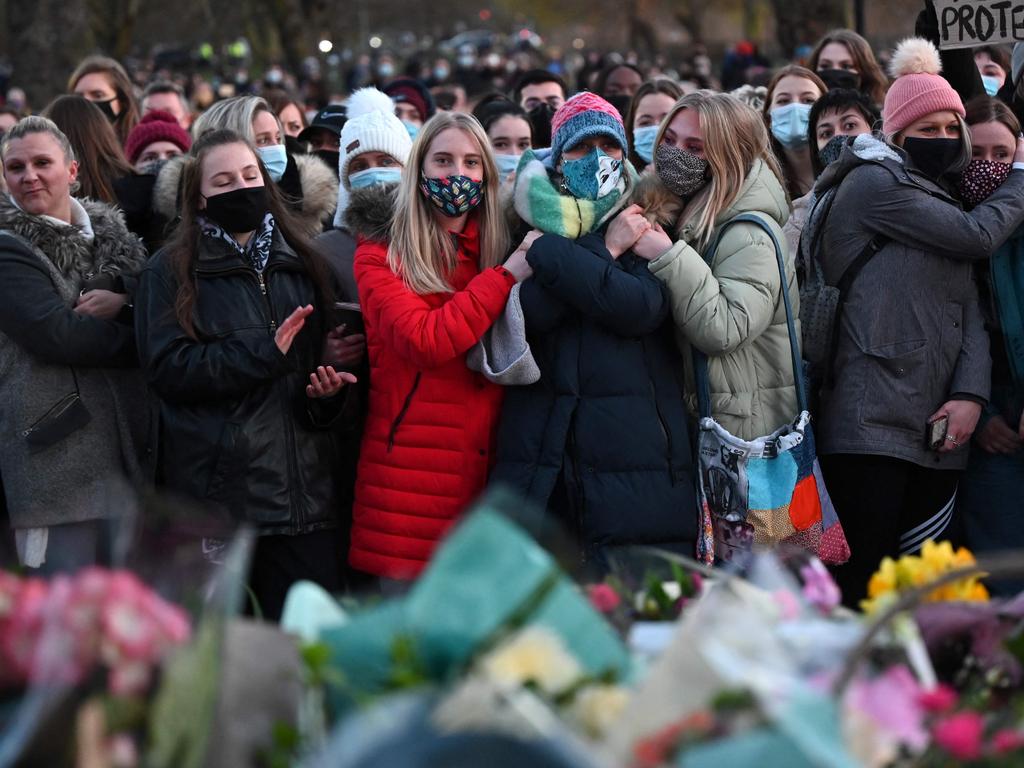 Mourners at the vigil in honour of murder victim Sarah Everard, which was officially cancelled due to COVID-19 restrictions. Picture: AFP