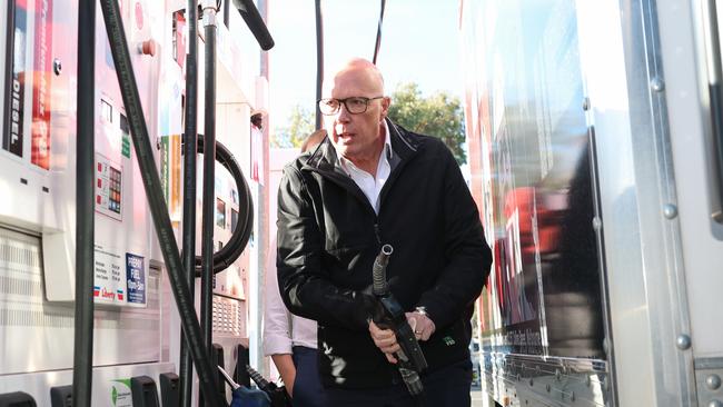 Opposition Peter Dutton campaigning at the Liberty Petrol Station in the Electorate of Gorton with Senator James Paterson. Picture: Adam Head / NewsWire