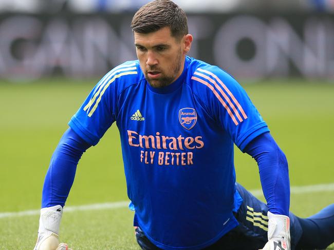 NEWCASTLE UPON TYNE, ENGLAND - MAY 02: Mat Ryan of Arsenal warms up during the Premier League match between Newcastle United and Arsenal at St. James Park on May 02, 2021 in Newcastle upon Tyne, England. Sporting stadiums around the UK remain under strict restrictions due to the Coronavirus Pandemic as Government social distancing laws prohibit fans inside venues resulting in games being played behind closed doors. (Photo by Lindsey Parnaby - Pool/Getty Images)