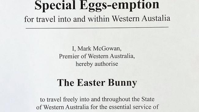 WA Premier Mark McGowan's "egg-semption" to the Easter Bunny.