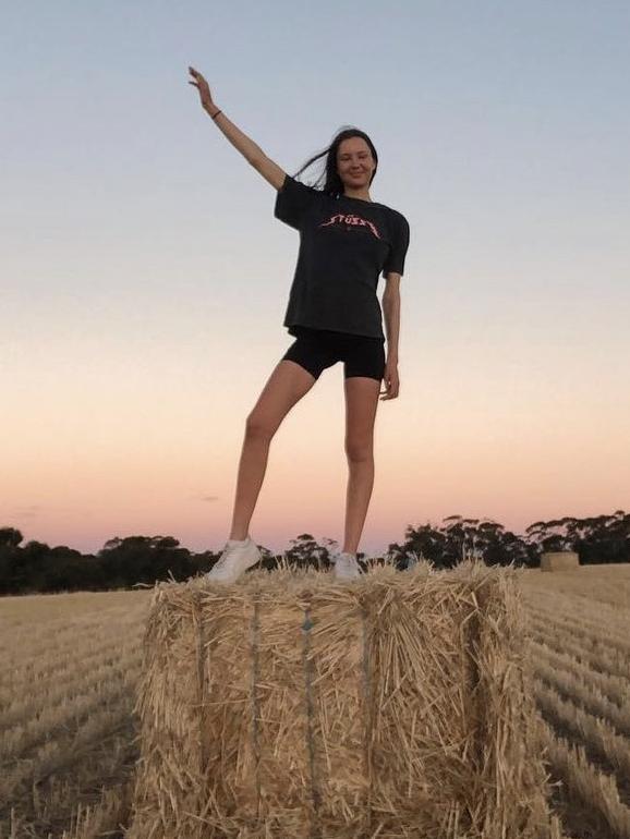 Model Tully Heinrich on her farm at Coonalpyn. Picture: supplied