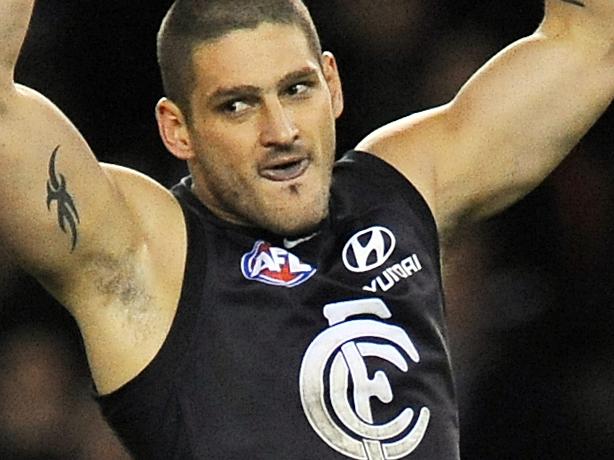 St Kilda v Carlton. Etihad Stadium. Brendan Fevola celebrates a last quarter goal.