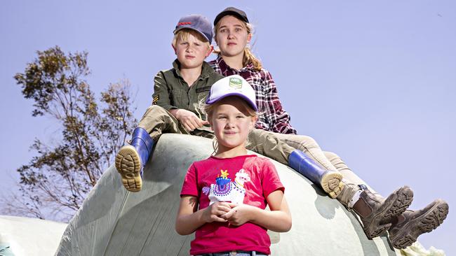 Rossington children Gus, Grace (in front) and Madeline waiting in town while their father battled to save their home. Picture: Adam Yip