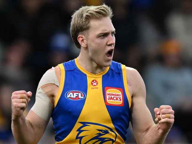 HOBART, AUSTRALIA - AUGUST 10: Oscar Allen of the Eagles celebrates a goal during the round 22 AFL match between North Melbourne Kangaroos and West Coast Eagles at Blundstone Arena, on August 10, 2024, in Hobart, Australia. (Photo by Steve Bell/Getty Images)