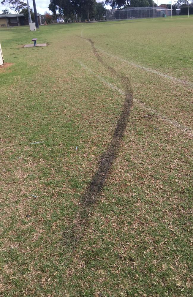 Tyre marks from the car that wrenched 60m of copper cable from underneath Maribyrnong Park.