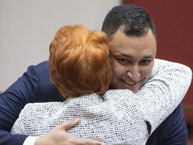 Pauline Hanson hugs Ralph Babet in the Senate. Picture: NCA NewsWire / Gary Ramage