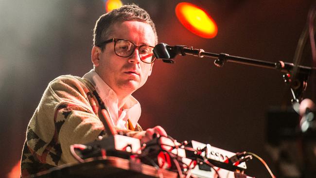 Alexis Taylor doing his taxes. Sugar Mountain Festival at Victorian College of the Arts, Melbourne. Alexis Taylor of Hot Chip performs on the Dodds Street stage. Photo Stuart Walmsley