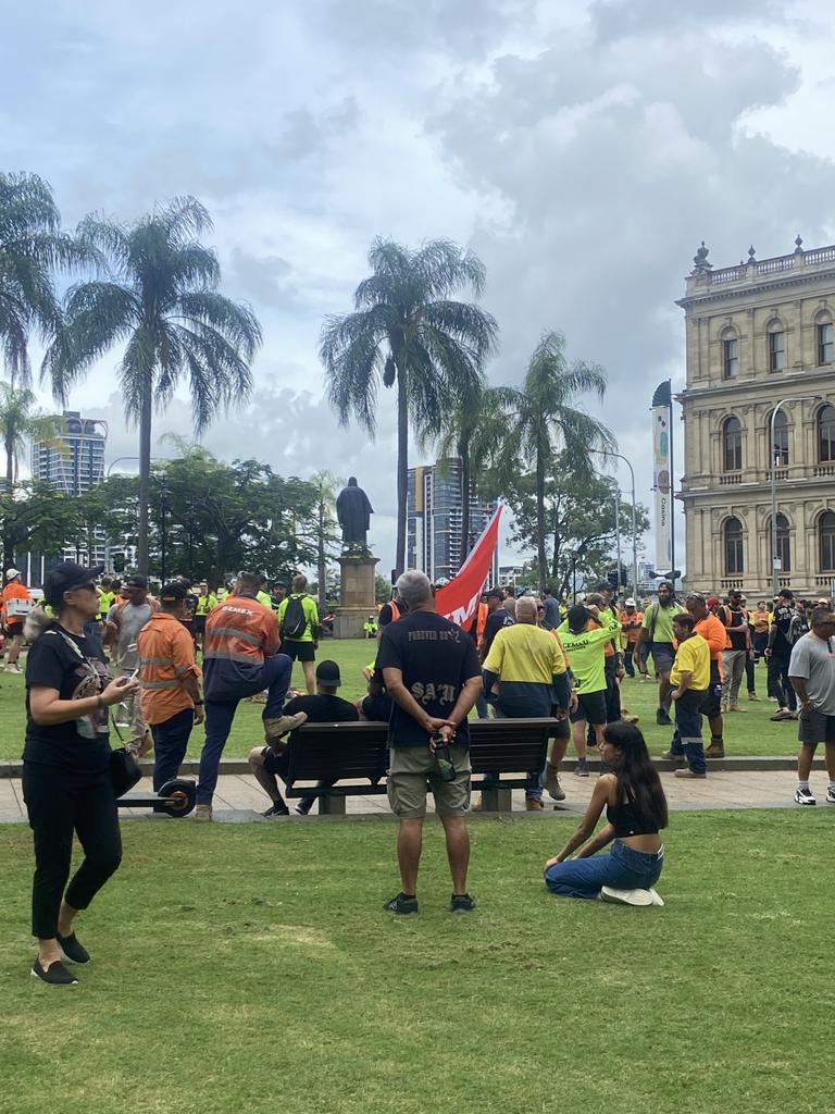 A CFMEU protest in the wake of a tragic worker death has shut down Brisbane’s CBD.