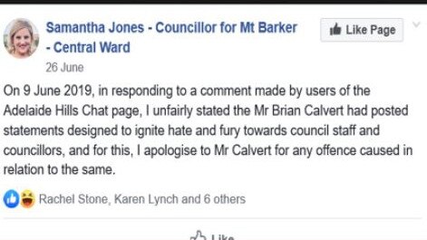 An apology made by Mt Barker councillor Samantha Jones about resident Brian Calvert on Facebook. Picture: Supplied