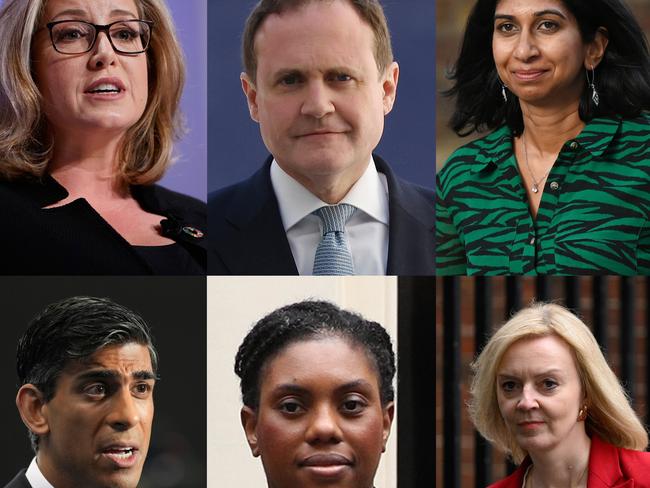 From the Left Clockwise Penny Mordaunt, Tom Tugendhat, Suella Braverman, Liz Truss, Kemi Badenoch, Rishi Sunak. Picture: Getty Images.