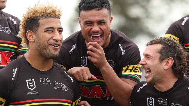 A relieved Viliame Kikau poses for Penrith’s grand final team photo. Picture: Brett Costello