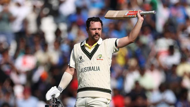 Travis Head of Australia celebrates after reaching his century during day one of the ICC World Test Championship Final between Australia and India at The Oval on June 07, 2023 in London, England. Picture: Ryan Pierse/Getty Images