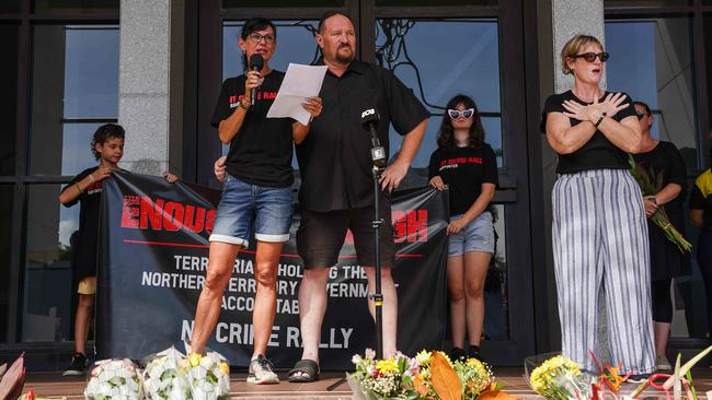 Cobie Campbell and Declan’s father, Damian Crook, speaking at the rally. Picture: PEMA TAMANG Pakhrin