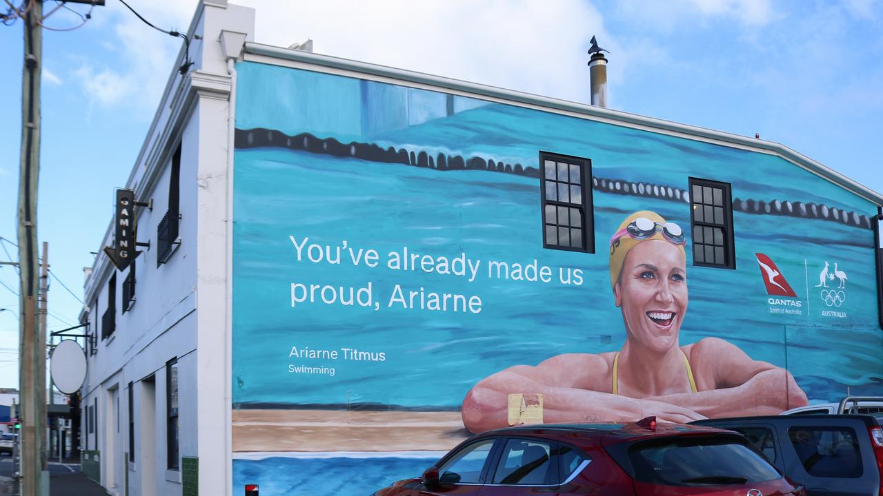 As she prepares for her second Olympics, swimming star Ariarne Titmus has been immortalised in a two-storey mural in her home city of Launceston. Picture: Stephanie Dalton