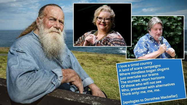 Yes campaign supporters Jack Thompson, left, Magda Szubanski and Dave O’Neil, right, and the reworked Dorothea Mackellar poem "My Country" which is doing the rounds of social media. Pictures: News Corp/Supplied