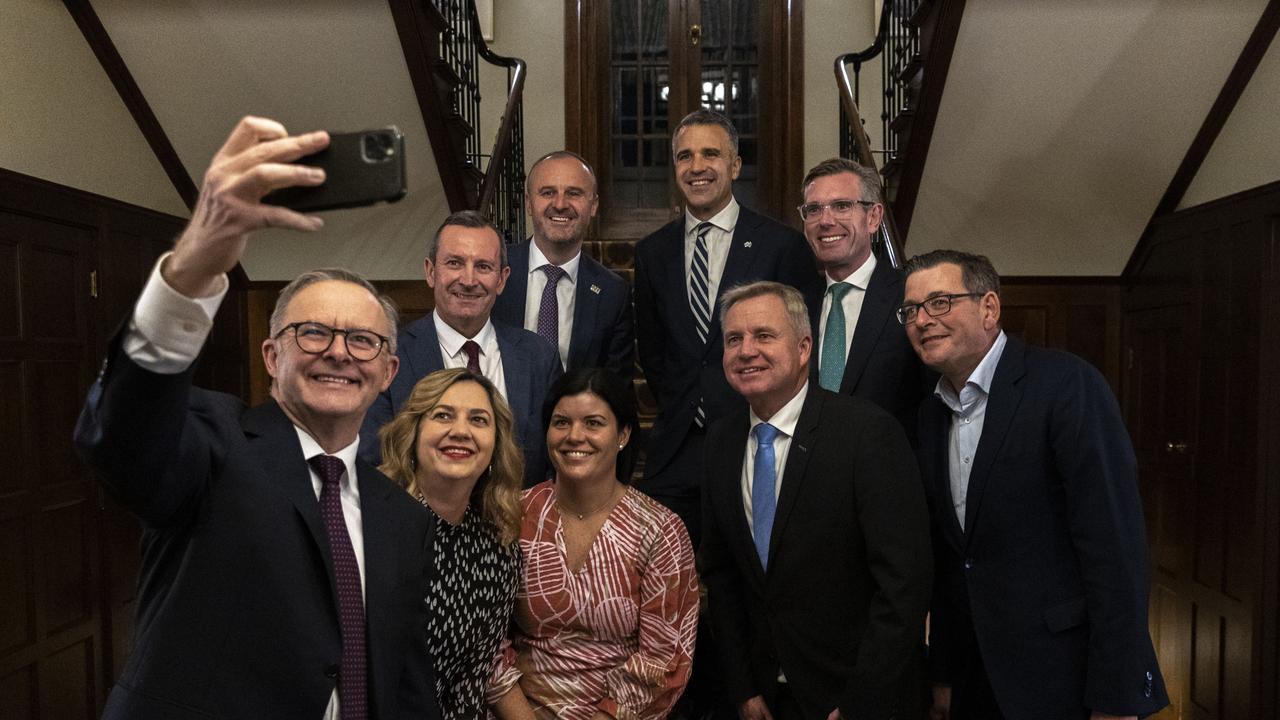 Prime Minister Anthony Albanese hosts premiers and chief ministers at The Lodge in Canberra on the eve of his first national cabinet. Annastacia Palaszczuk (QLD), Natasha Fyles (NT), Mark McGowan (WA), Andrew Barr (ACT), Peter Malinauskas (SA), Dominic Perrottet (NSW), Jeremy Rockliff (TAS) and Daniel Andrews (VIC)