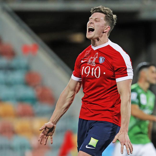 South Hobart's Darcy Hall screams after missing an opportunity to score. Picture: ZAK SIMMONDS