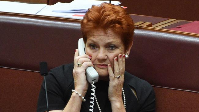 One Nation leader Senator Pauline Hanson during the Registered Organisations Bill vote in the Senate at Parliament Hose in Canberra, Tuesday, Nov. 22, 2016. (AAP Image/Mick Tsikas) NO ARCHIVING