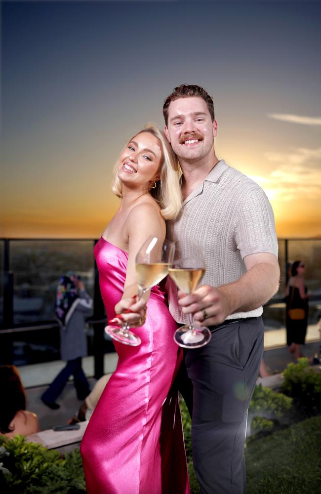 MUST HOLD – Reece Watson with Katrina West from Brisbane City, ready for new Years Eve on the new Star Casino Sky Deck, Brisbane City – on Friday 27th December 2024 – Photo Steve Pohlner