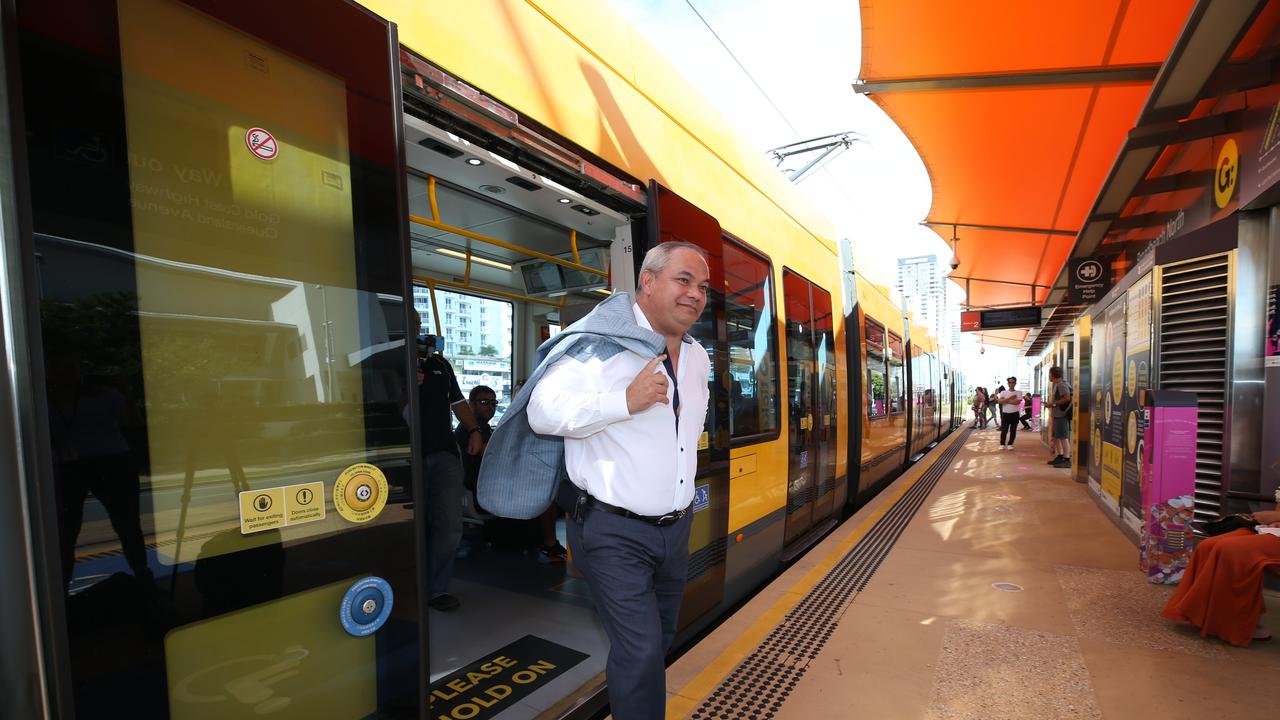 Mayor Tom Tate arrives by GLink at Broadbeach. Picture Glenn Hampson.