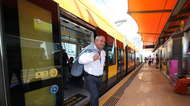 Mayor Tom Tate arrives by GLink at Broadbeach. Picture Glenn Hampson.