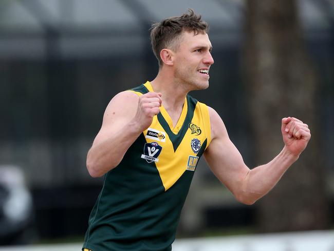 Billie Smedts celebrates a goal for Leopold back in 2018. Picture: Mike Dugdale