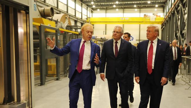 Prime Minister Scott Morrison visited Anthony Pratt's new recycling plant in Ohio along with US President Donald Trump in 2019. Picture: Adam Taylor