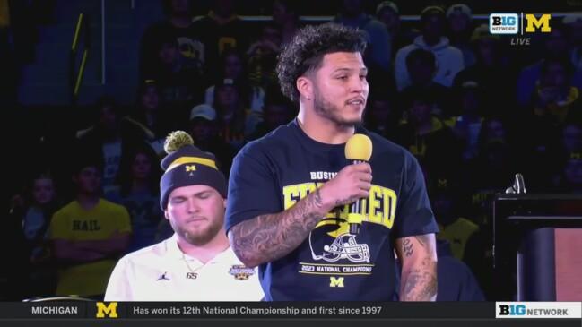 RB Blake Corum speaks Michigan National Championship Celebration