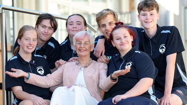 Assistant Principal Lesley Foster surrounded by her School Captain Phoebe Edwards, Blake Shadbolt, Jade Soll Francis, Piotr Piosick, Jasmine Silcox and Oscar Payne. Picture: David Caird
