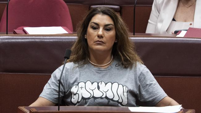 Senator Lidia Thorpe wearing a T-shirt with the slogan “gammin”. Picture: NCA NewsWire / Martin Ollman