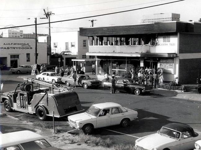 An external view of the firebombed nightclub in 1973